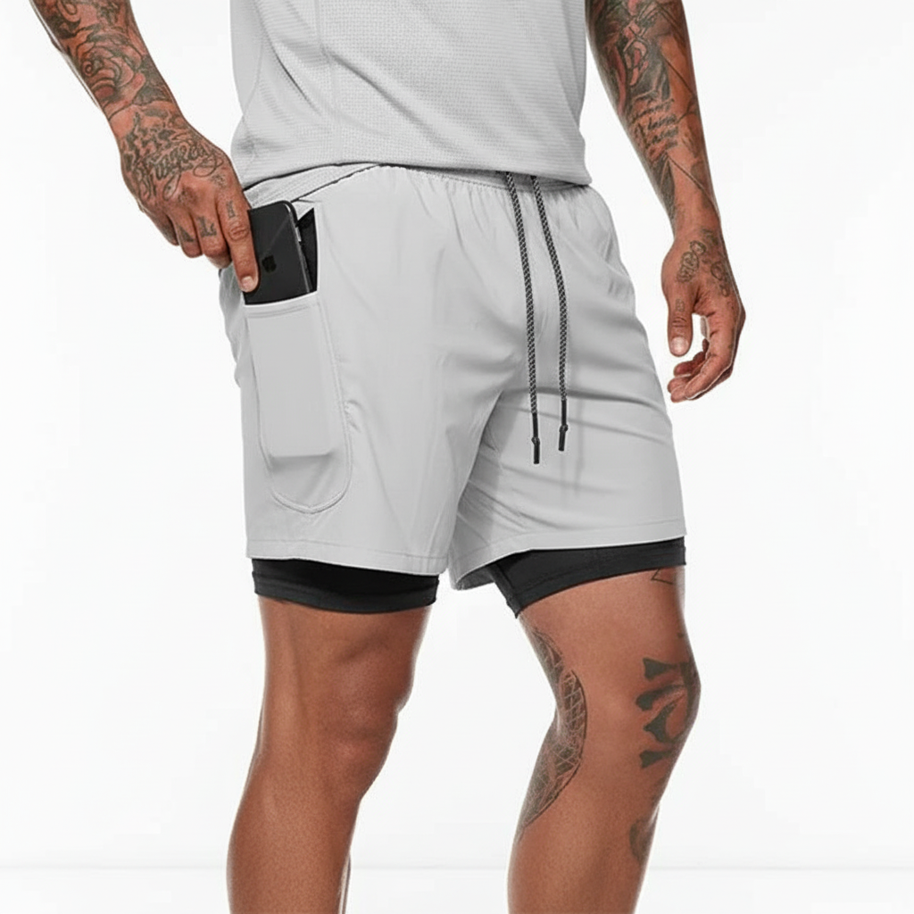 Men's Performance Double-Layer Running Shorts, featuring supportive inner compression for active training.
