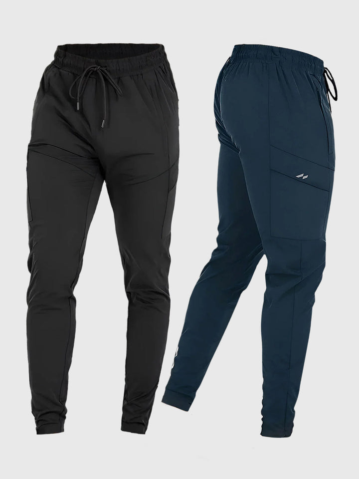 Man stretching in performance joggers, emphasizing freedom of movement & mobility.