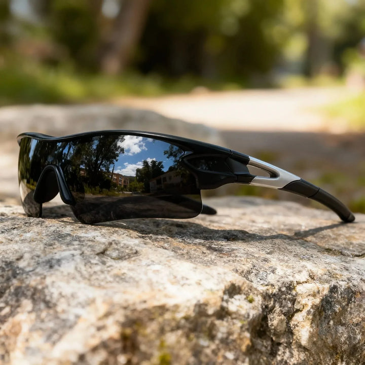 Athletic men's sport sunglasses featuring mirrored lenses, lightweight design & UV protection for active men.