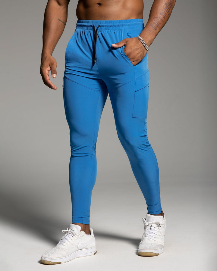 Close-up of quick-dry fabric on men's athletic tapered jogger pants.