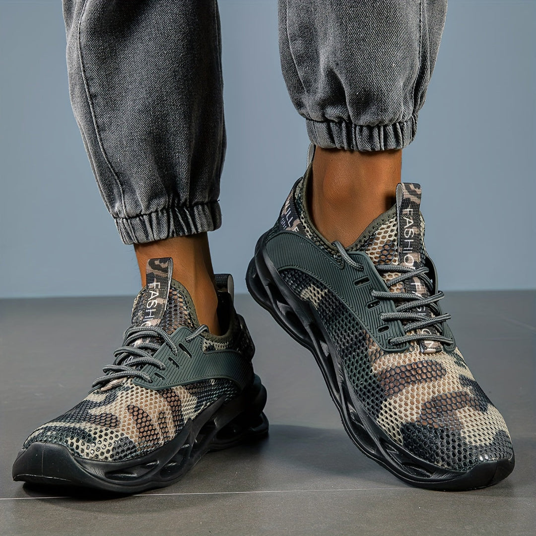 Phantom Camo Mesh Running Sneakers for men, breathable active footwear with unique camo pattern.