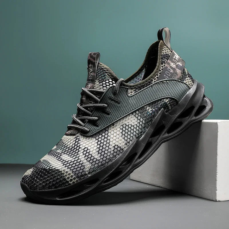 Camo mesh running shoes for men, stylish streetwear footwear with a comfortable, active fit.