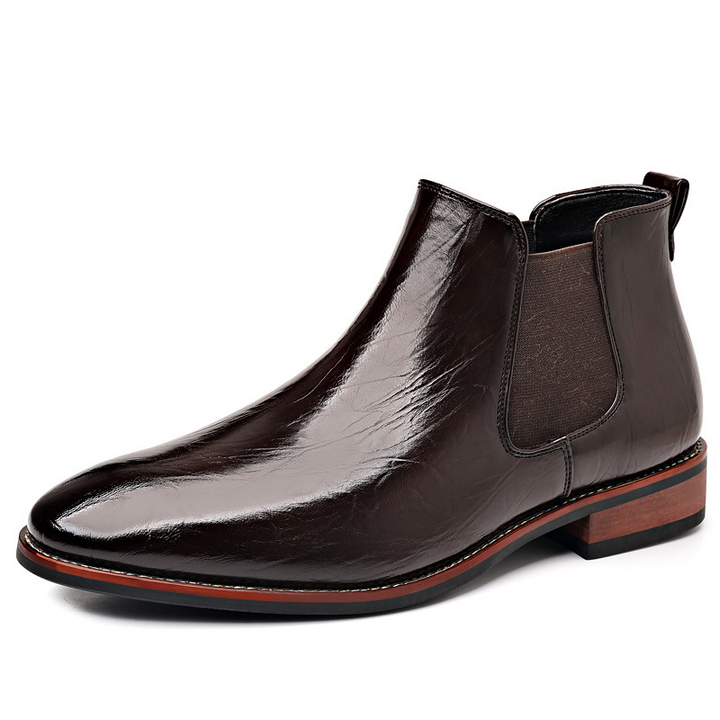 Front view of versatile men's dark brown polished Chelsea boots, comfortable slip-on style.