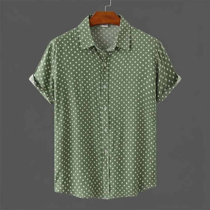 Men's polka dot cabana short-sleeve shirt, ideal for effortless summer style & warm weather.
