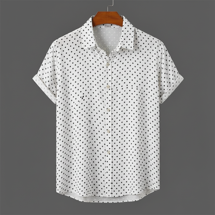 Comfortable men's polka dot cabana shirt for warm weather, effortless short-sleeve summer style.