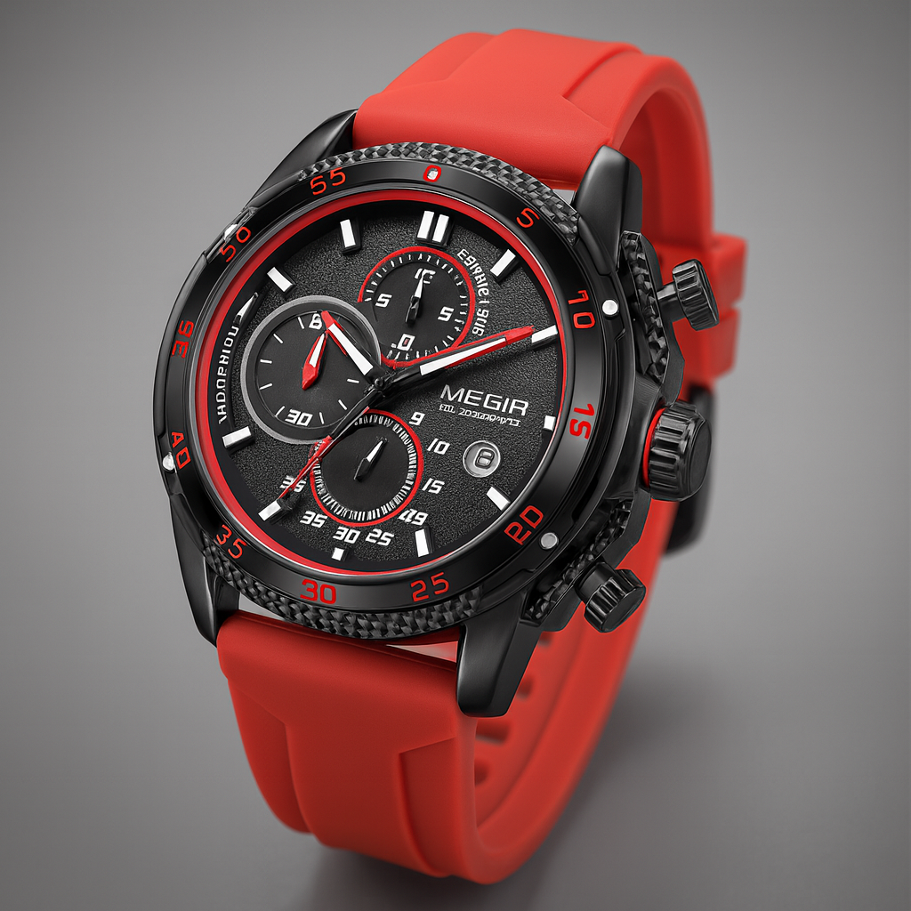 Waterproof Men's Chronomaster watch featuring a durable silicone strap and precision Swiss quartz movement.