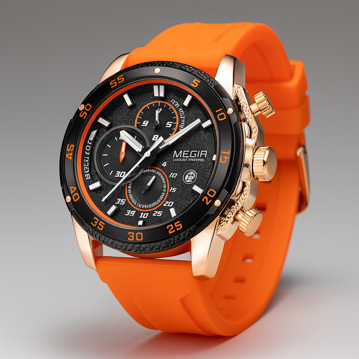 Elegant Men's Precision Chronomaster fashion watch with a ceramic bezel, chronograph, and comfortable silicone strap.