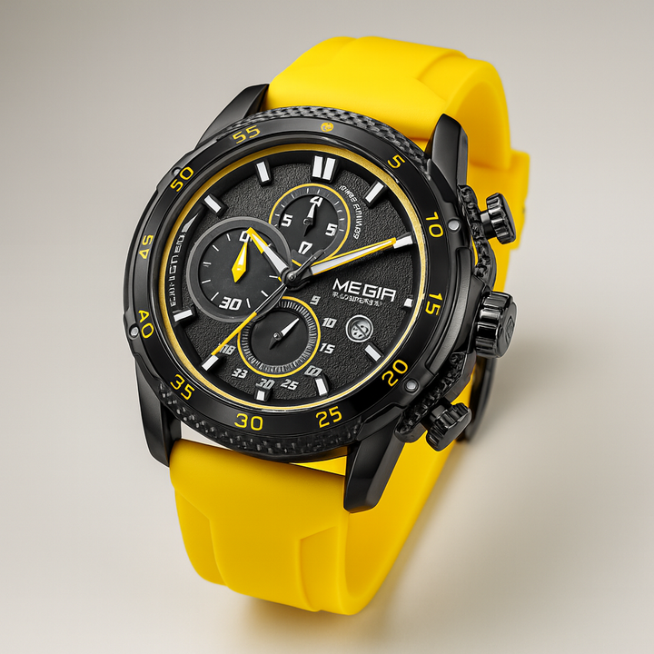 Robust men's sport watch, the Precision Chronomaster, with chronograph function, Swiss quartz and waterproof design.