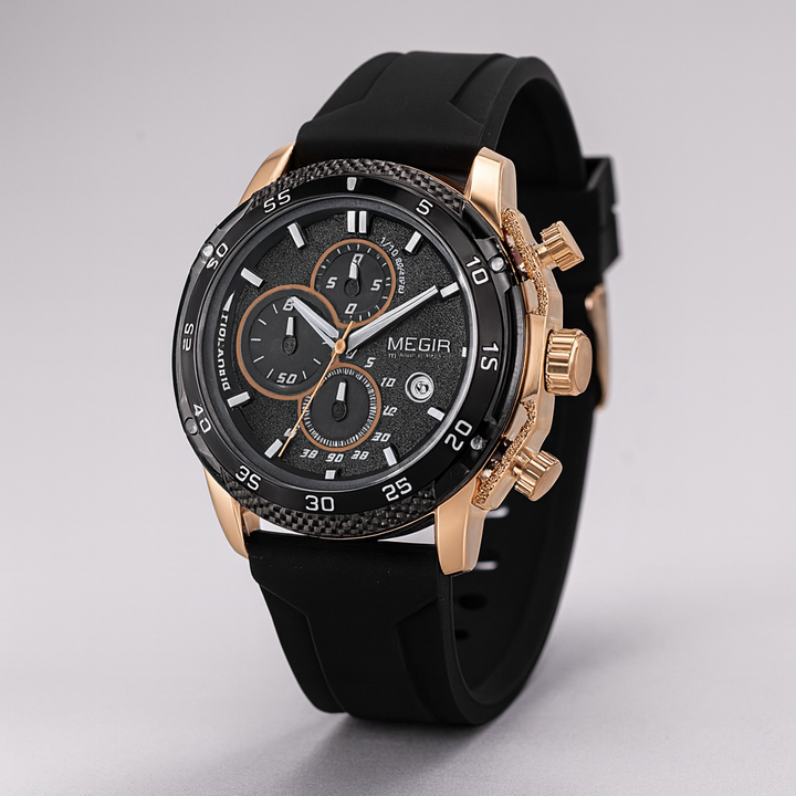 Precision Men's Chronomaster watch: Swiss quartz, waterproof, chronograph, ceramic bezel & comfortable silicone strap.