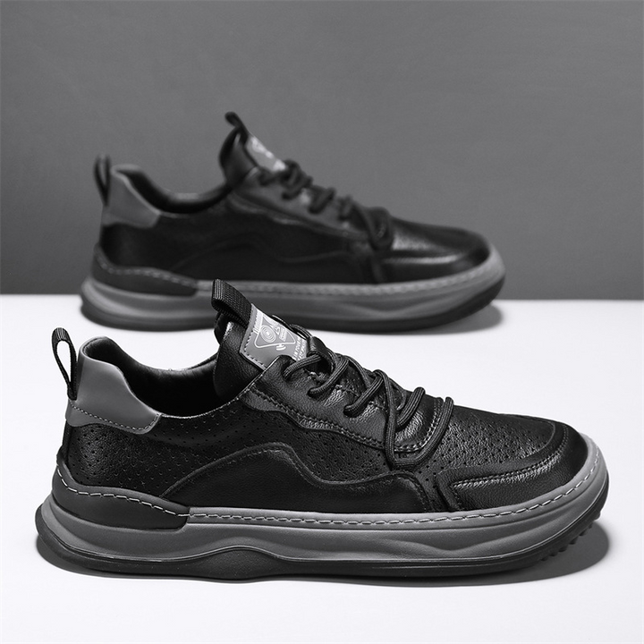 Modern men's stylish sneakers, close-up of laces, for comfortable and trendy casual outfits.