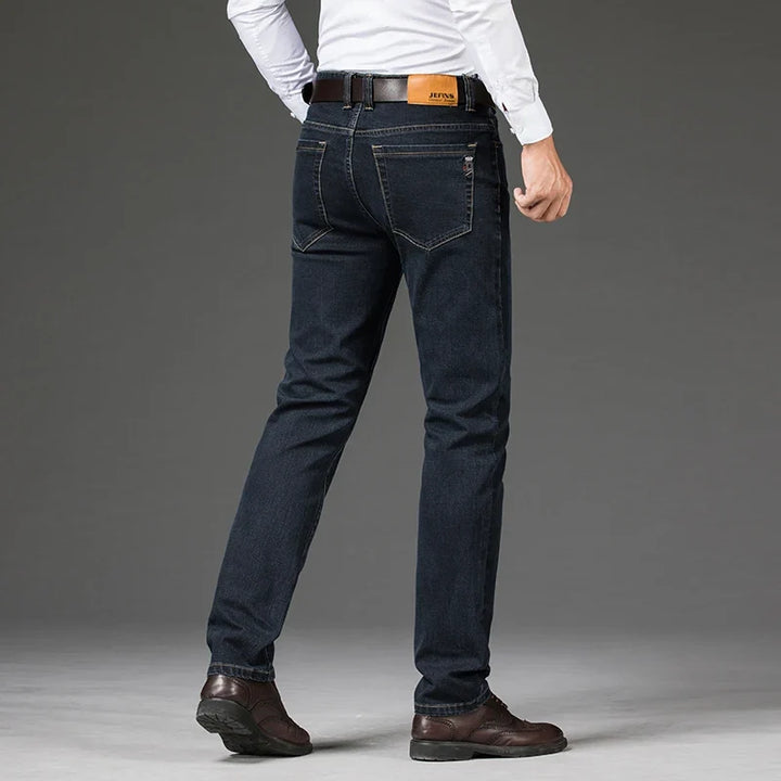 Classic blue men's denim jeans, premium comfort stretch. Durable and fashionable for everyday casual wear.