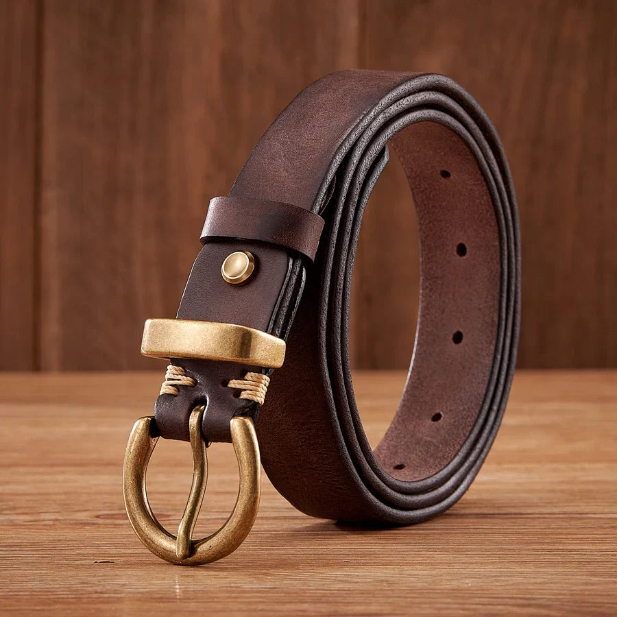 Men's premium cowhide leather belt with a sturdy brass buckle, ideal for durable everyday wear & classic style.