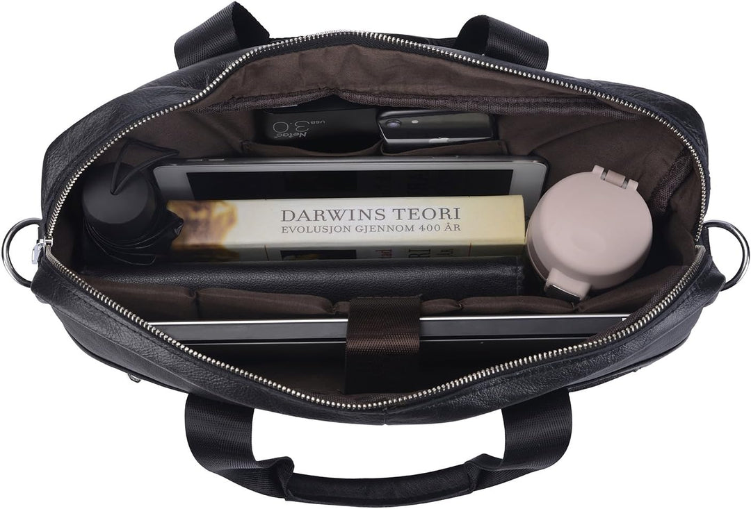 Premium leather laptop bag securely holding a 15-inch laptop, with extra space for business essentials.
