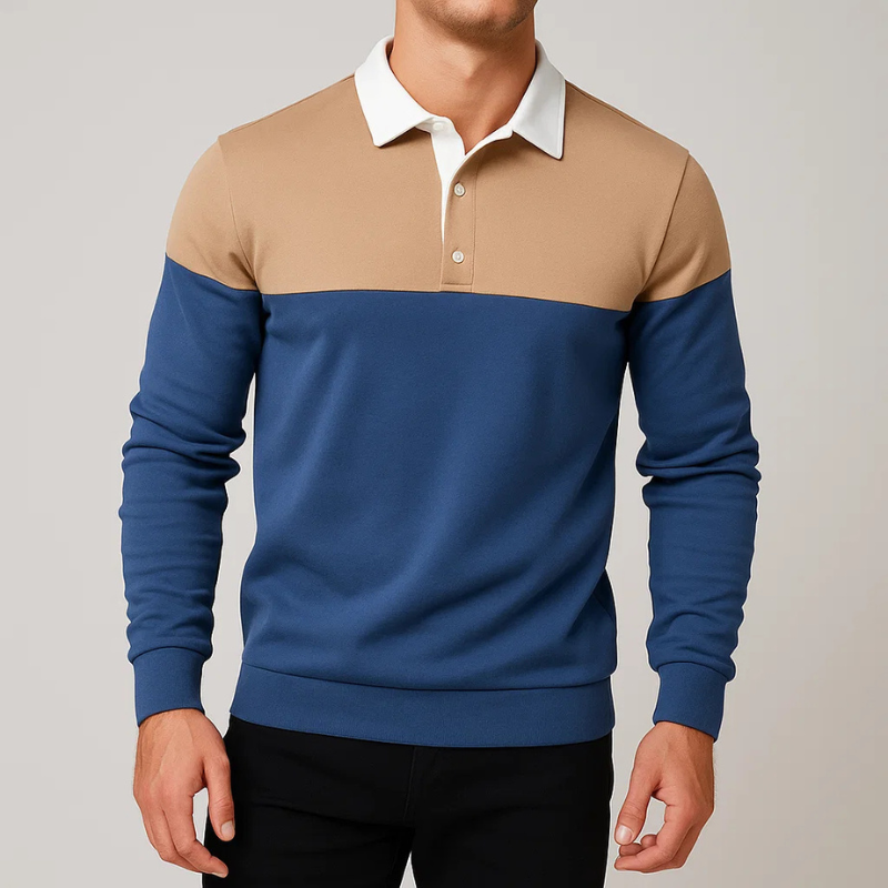 Stylish man wearing a tailored fit long sleeve cotton polo shirt, ideal for casual and smart casual occasions.