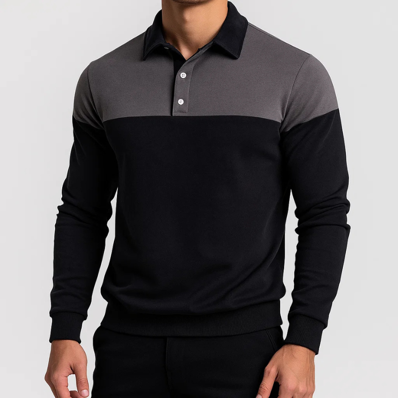 Textured close-up of men's premium long sleeve polo shirt, made from breathable jersey cotton for comfort.