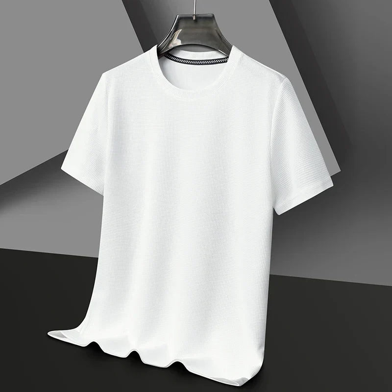 Front view of classic men's premium textured t-shirt, essential for versatile everyday casual style.