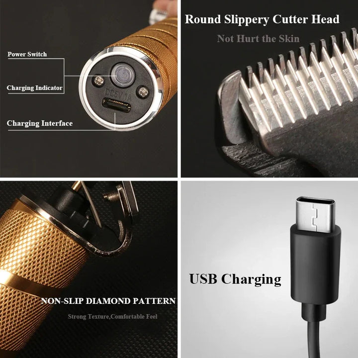 The Pro-Kit: gold cordless men's hair clippers, electric shaver, and detailer trimmer for home or pro use.