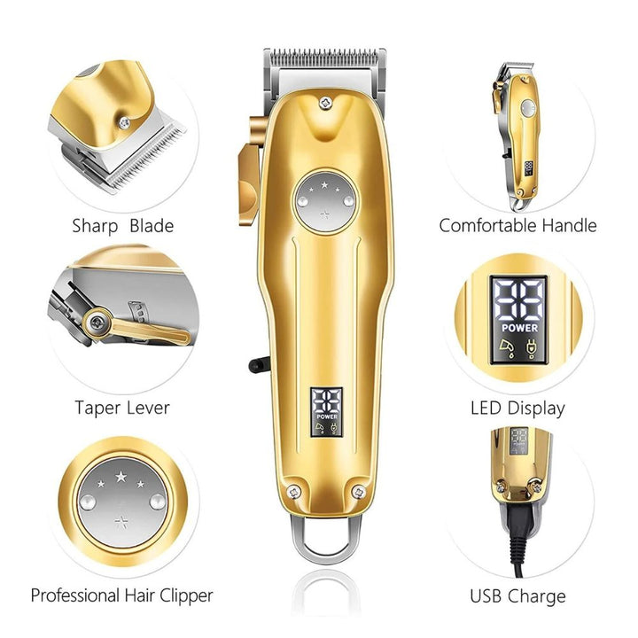 Stylish gold cordless hair trimmer and clipper set, designed for men's professional barbershop tools.