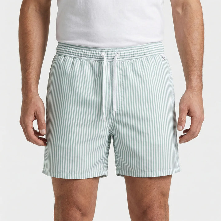 Quick-dry striped men's swim trunks, essential pool shorts and beachwear for summer fashion.