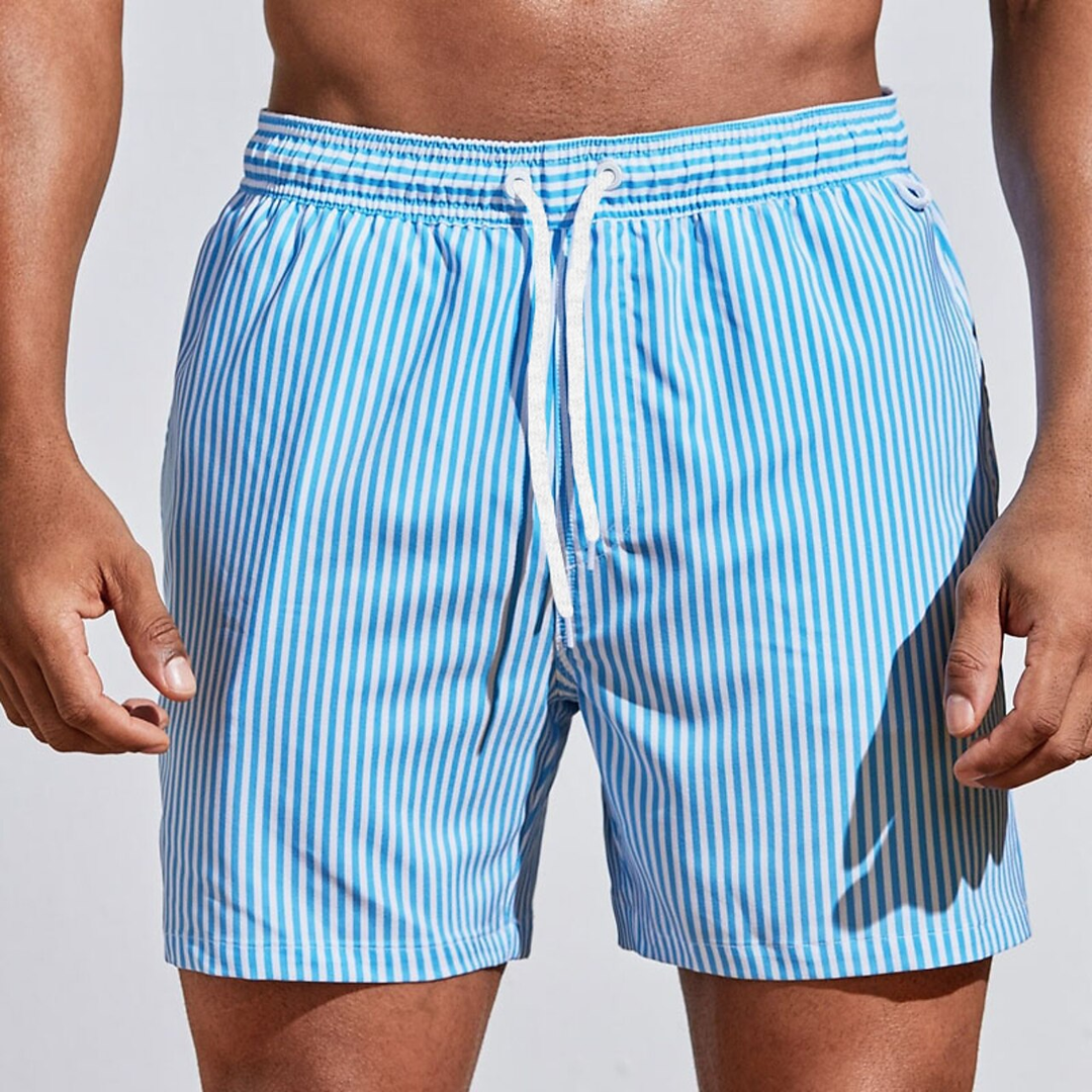 Durable men's striped quick-dry swim shorts, featuring an elastic waist for athletic beach & pool use.