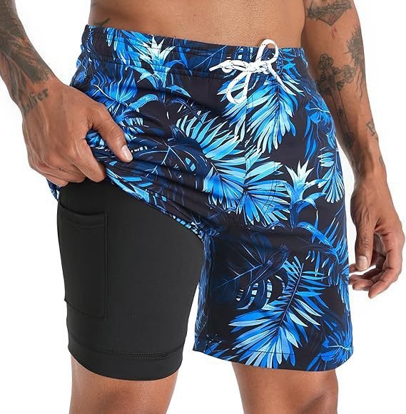 Close-up of quick-dry fabric men's swimwear shorts, showing texture, drawstring & quality.