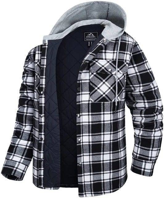 Casual men's cotton flannel plaid jacket, quilted for warmth, ideal winter outerwear with button-front closure