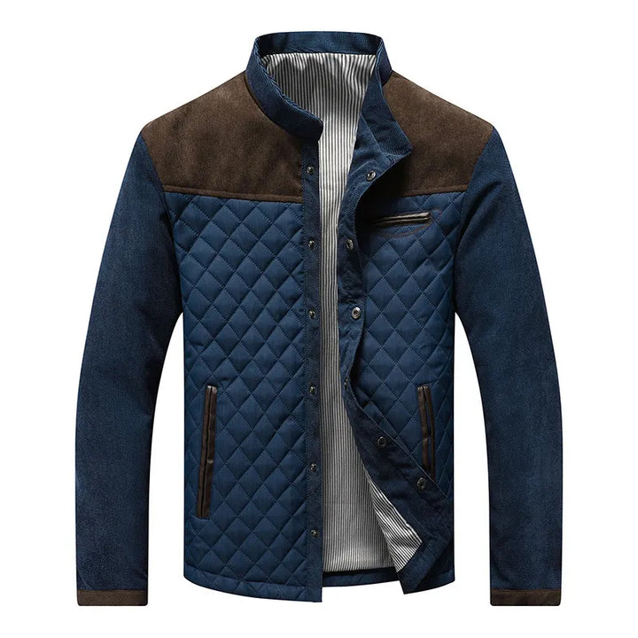 Men's quilted stand collar jacket with stylish contrast panels, perfect for smart casual fall and winter outerwear.