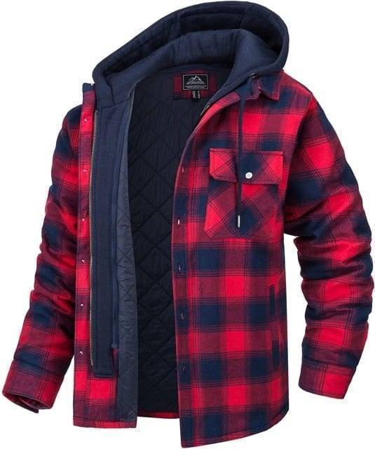 Stylish men's black plaid flannel shirt jacket with quilted interior, offering warmth and casual style.