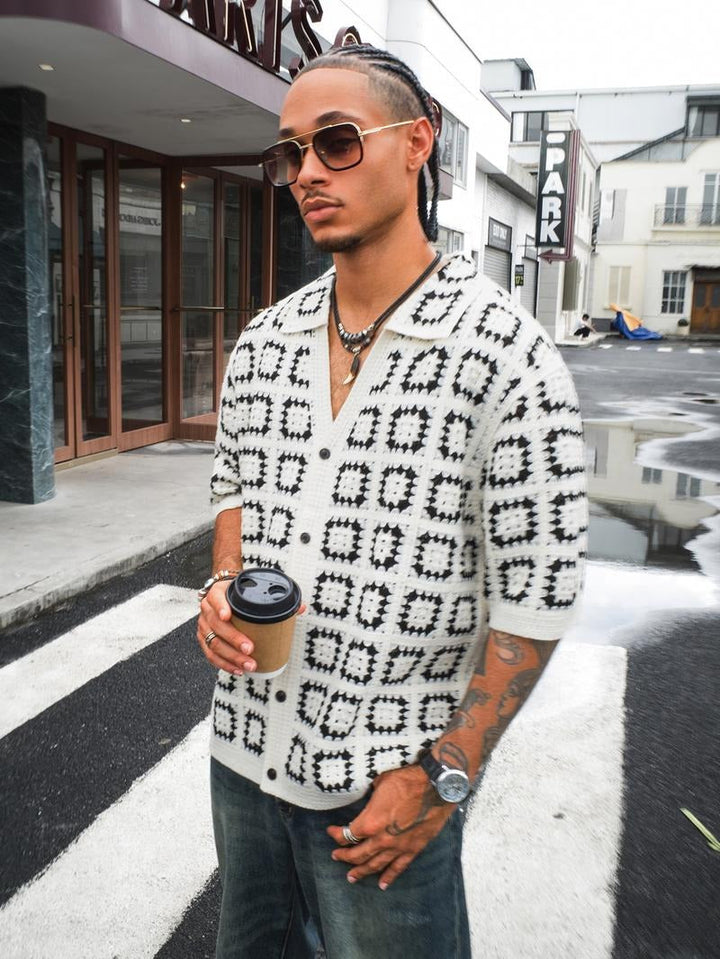 Men's versatile short sleeve knit shirt. Features an elegant geometric design, great for casual or smart-casual styling.