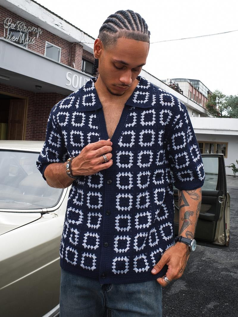 Refined men's short sleeve knit shirt. Features a subtle geometric pattern, ideal for a modern casual look.