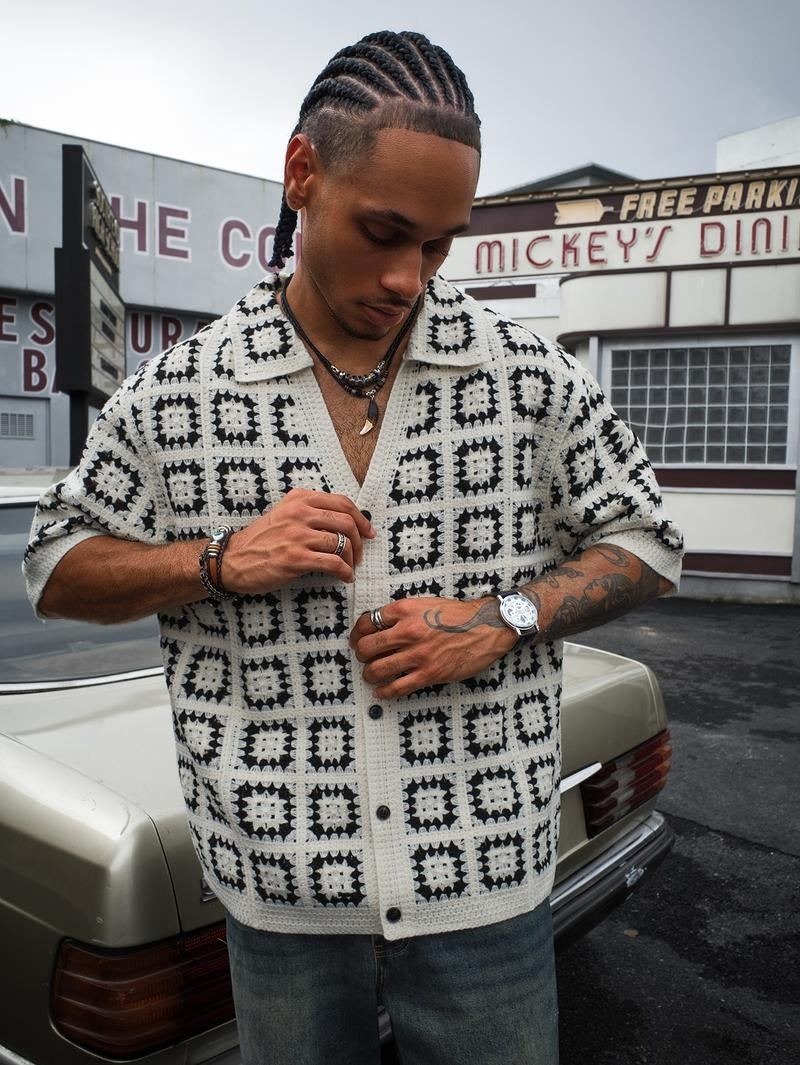Unique men's short sleeve knit shirt with a modern geometric pattern. Comfortable & smart casual for daily wear.