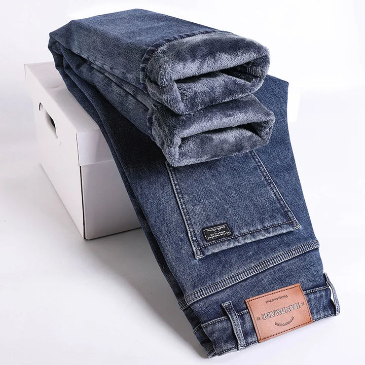 Modern men's thermal jeans for cold weather. Offers excellent insulation, warmth, & a comfortable regular fit.