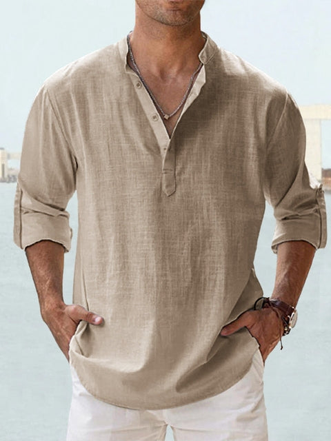 Lightweight men's breathable short sleeve button-down summer shirt, relaxed fit, ideal for warm weather trips.
