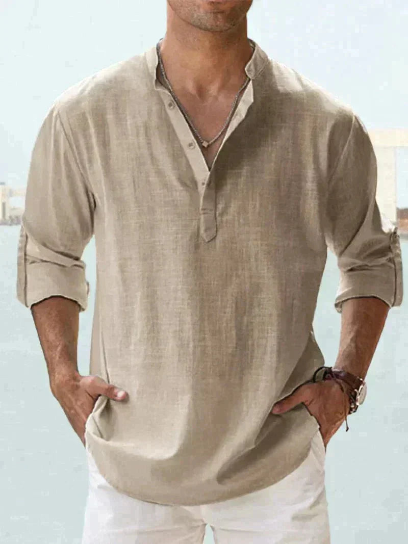 Lightweight men's button-down summer shirt with a relaxed fit, excellent for breathability and comfort.