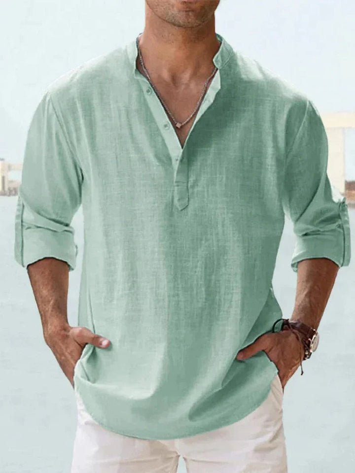Comfortable men's long sleeve button-down summer shirt, versatile for casual warm weather fashion.