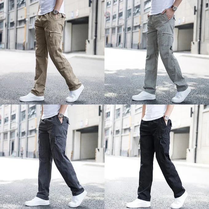 Stylish khaki men's relaxed fit cargo pants, offering multi-pocket utility and comfort for casual street style.
