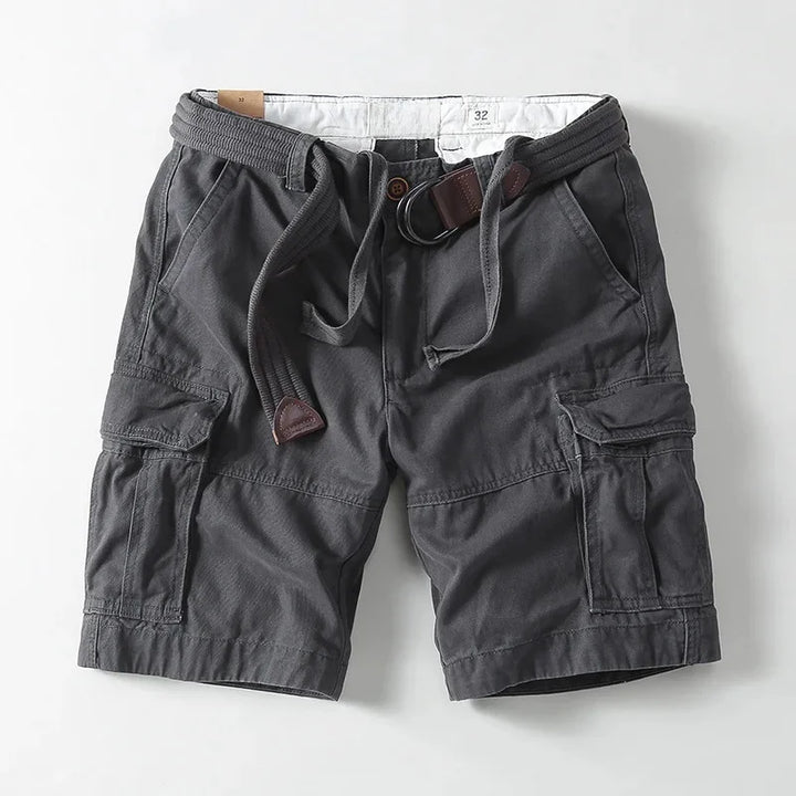 Men's relaxed fit cargo shorts with built-in belt for casual summer wear. Utility pockets and comfortable.