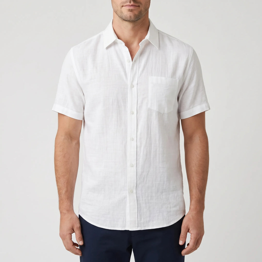 Textured men's short-sleeve summer shirt, breathable and cool for daily casual wear.
