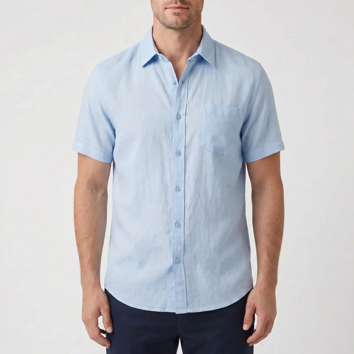 Men's button-down casual shirt with short sleeves, relaxed fit for warm weather comfort.