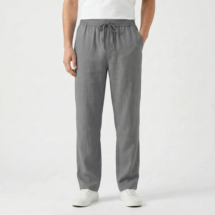 Front view of men's relaxed fit straight casual pants with elastic waist, offering comfort for travel and everyday.