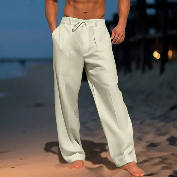 Close-up of men's straight leg dress pants with an adjustable drawstring waist, offering both comfort and modern style.