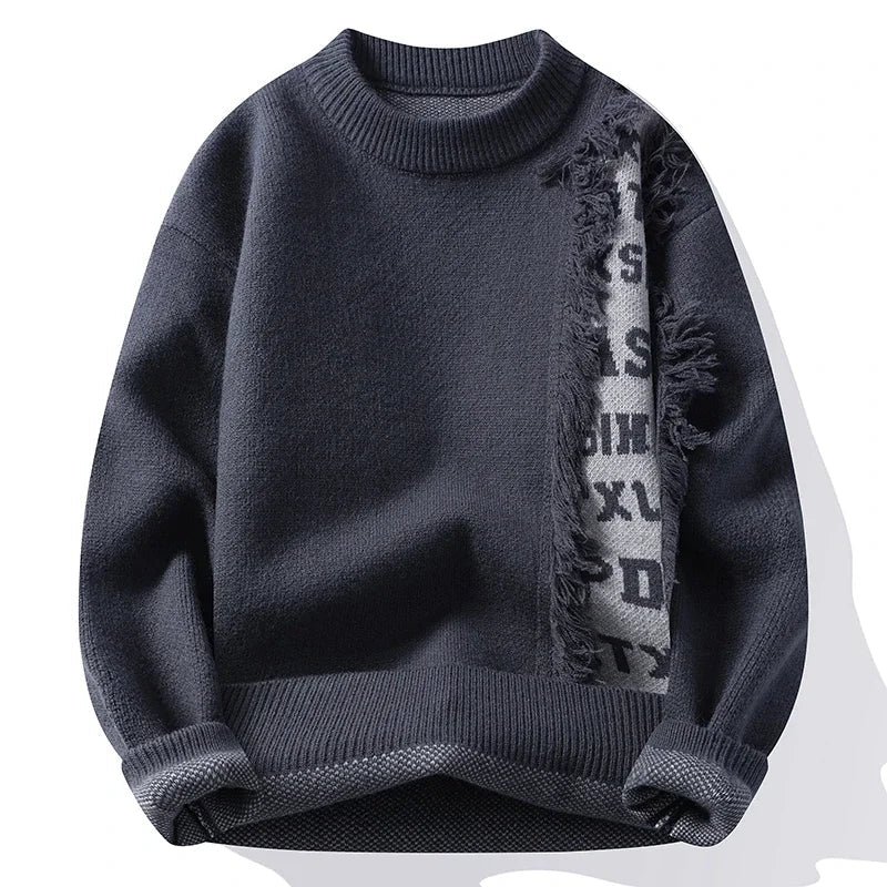 Stylish men's frayed sweater featuring a bold contrast design. Perfect relaxed fit long sleeve for casual wear.