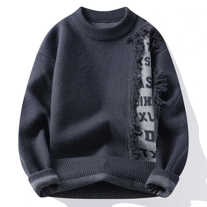 Stylish men's frayed sweater featuring a bold contrast design. Perfect relaxed fit long sleeve for casual wear.