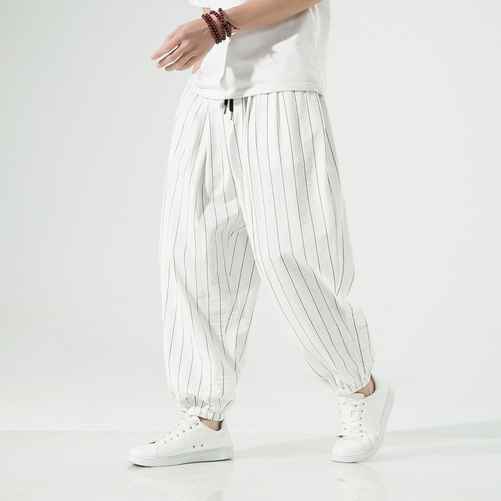 Back view of men's relaxed fit casual harem joggers with a comfortable feel and stylish fit.