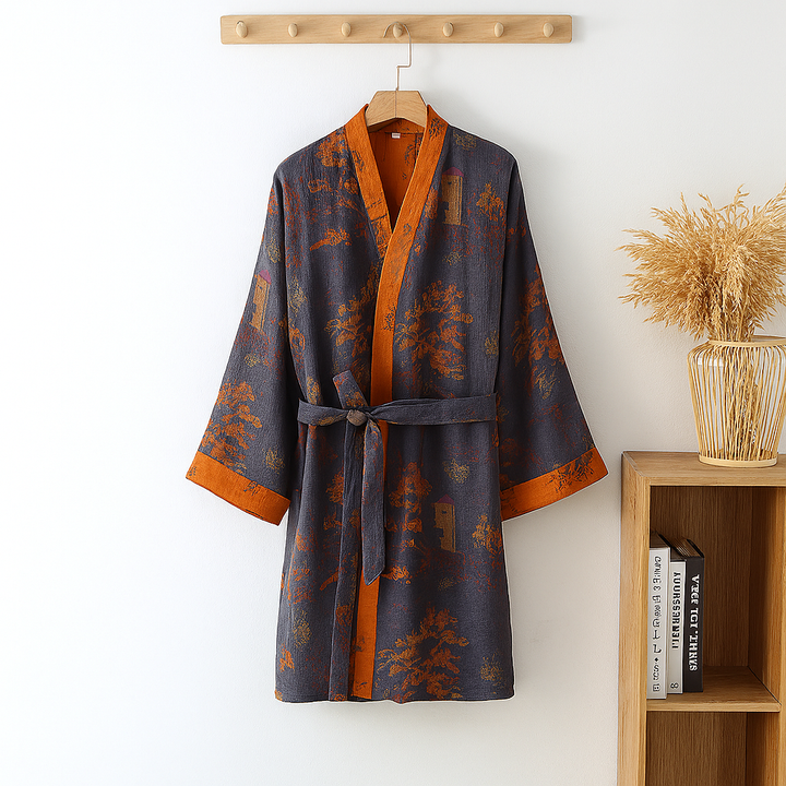 Men's relaxed fit jacquard kimono robe with V-neck & sash tie for comfort. Ideal loungewear & sleepwear.