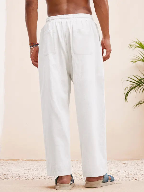 Men's casual linen blend lounge trousers with adjustable drawstring waist and comfortable wide leg fit.