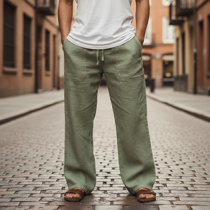 Men's summer drawstring linen trousers, baggy and breathable for a relaxed look.