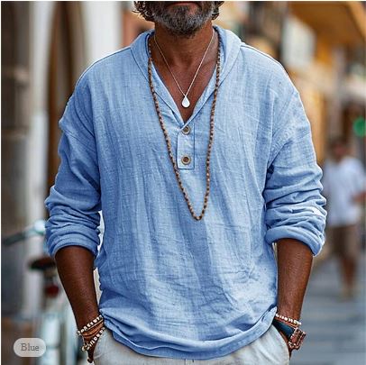 Versatile men's long sleeve stand collar shirt, relaxed fit. Perfect casual summer fashion & everyday style.