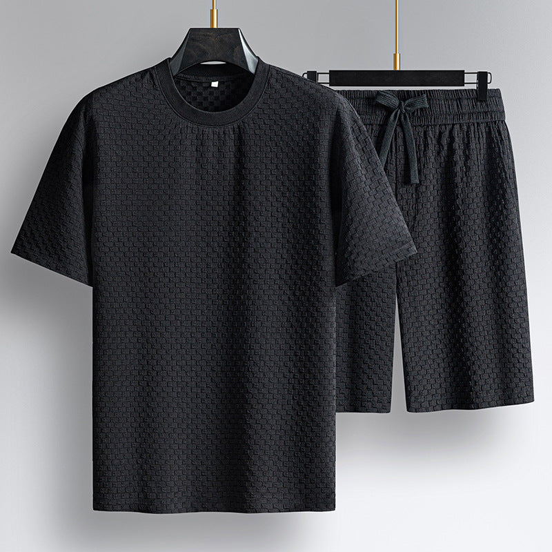 Stylish men's relaxed fit two-piece loungewear set, casual apparel designed for comfort and modern look.