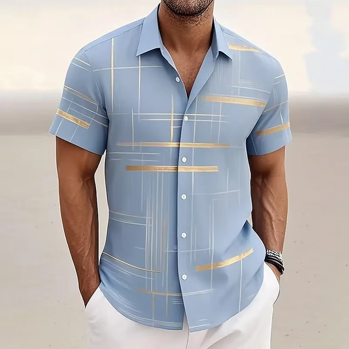 Fashionable men's summer shirt: a short sleeve polo with a bold geometric print. Great for everyday wear.